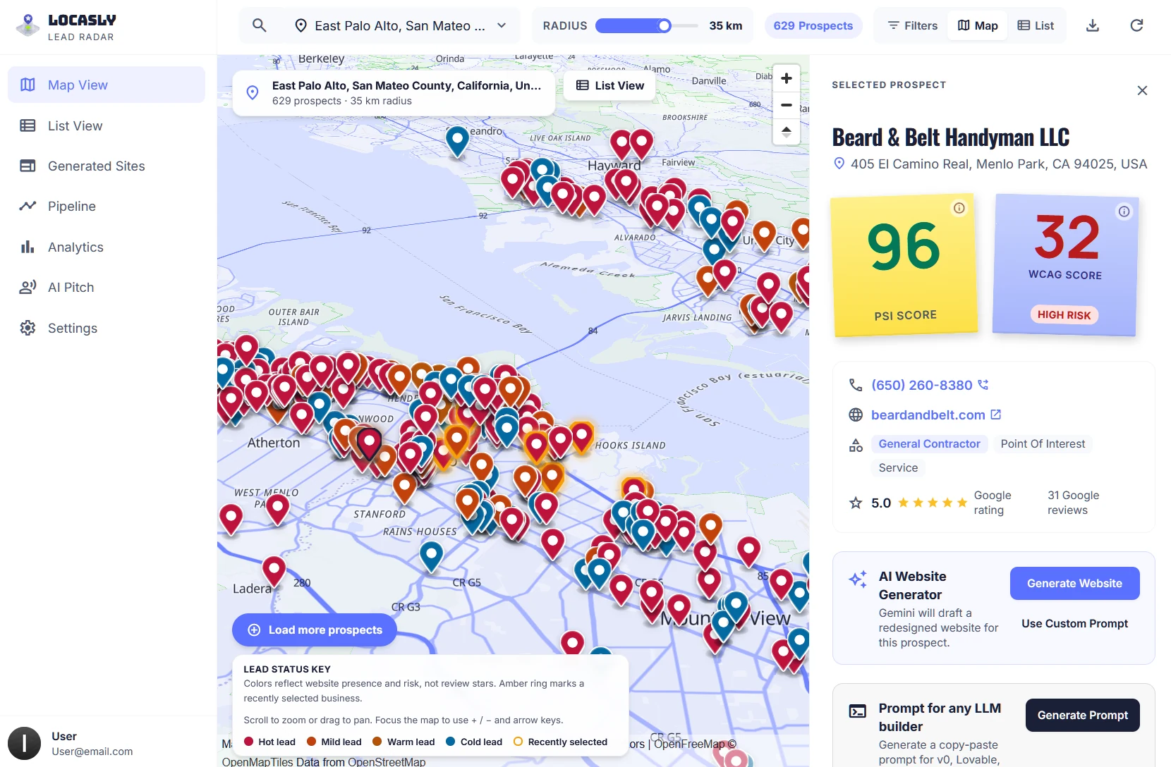 Locasly dashboard showing a selected business beside the prospect map