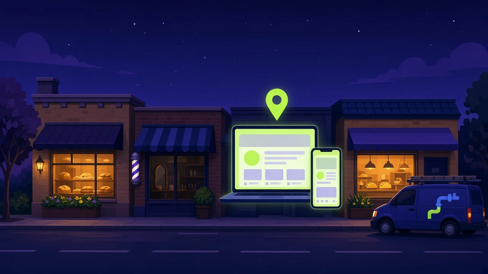Illustration of a street of local storefronts at night with a glowing laptop and phone showing a new website in front of one shop