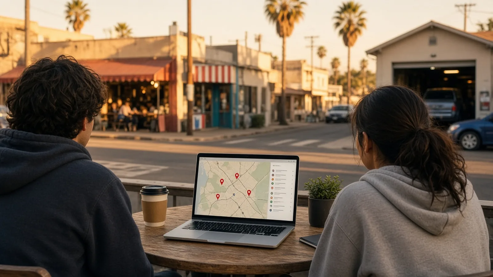Two college friends at an outdoor table with a laptop showing a map of local businesses, small-town storefronts in the background