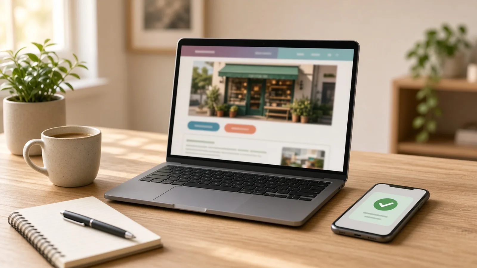 Laptop on a sunny wooden desk showing a simple local shop website, next to a phone with a green checkmark, a notebook, and a coffee mug