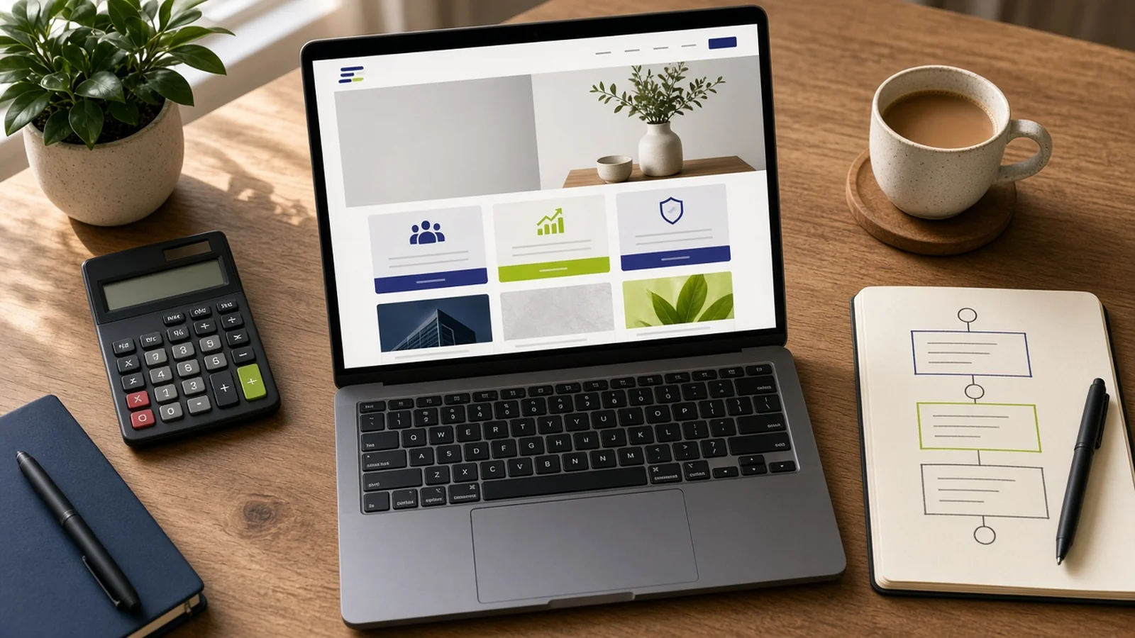 Desk with a laptop showing a small business website, a calculator, and a notebook of pricing tiers
