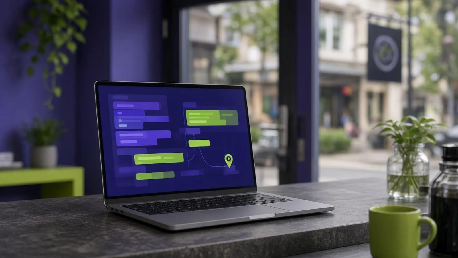 Laptop on a cafe counter showing colorful indigo and lime code blocks with a map pin icon