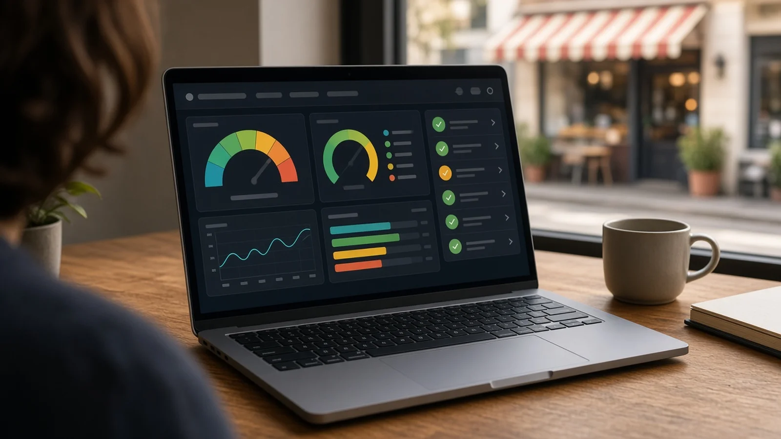 Laptop on a cafe desk showing a website performance audit dashboard with gauges and a checklist, with a local storefront in the background
