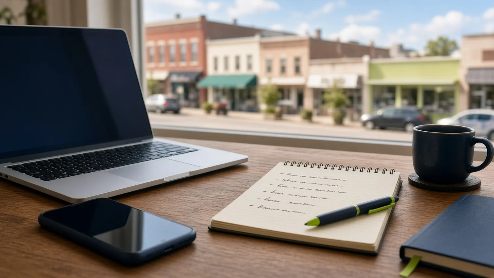 Smartphone, laptop, and notepad on a wooden desk by a window overlooking small local storefronts