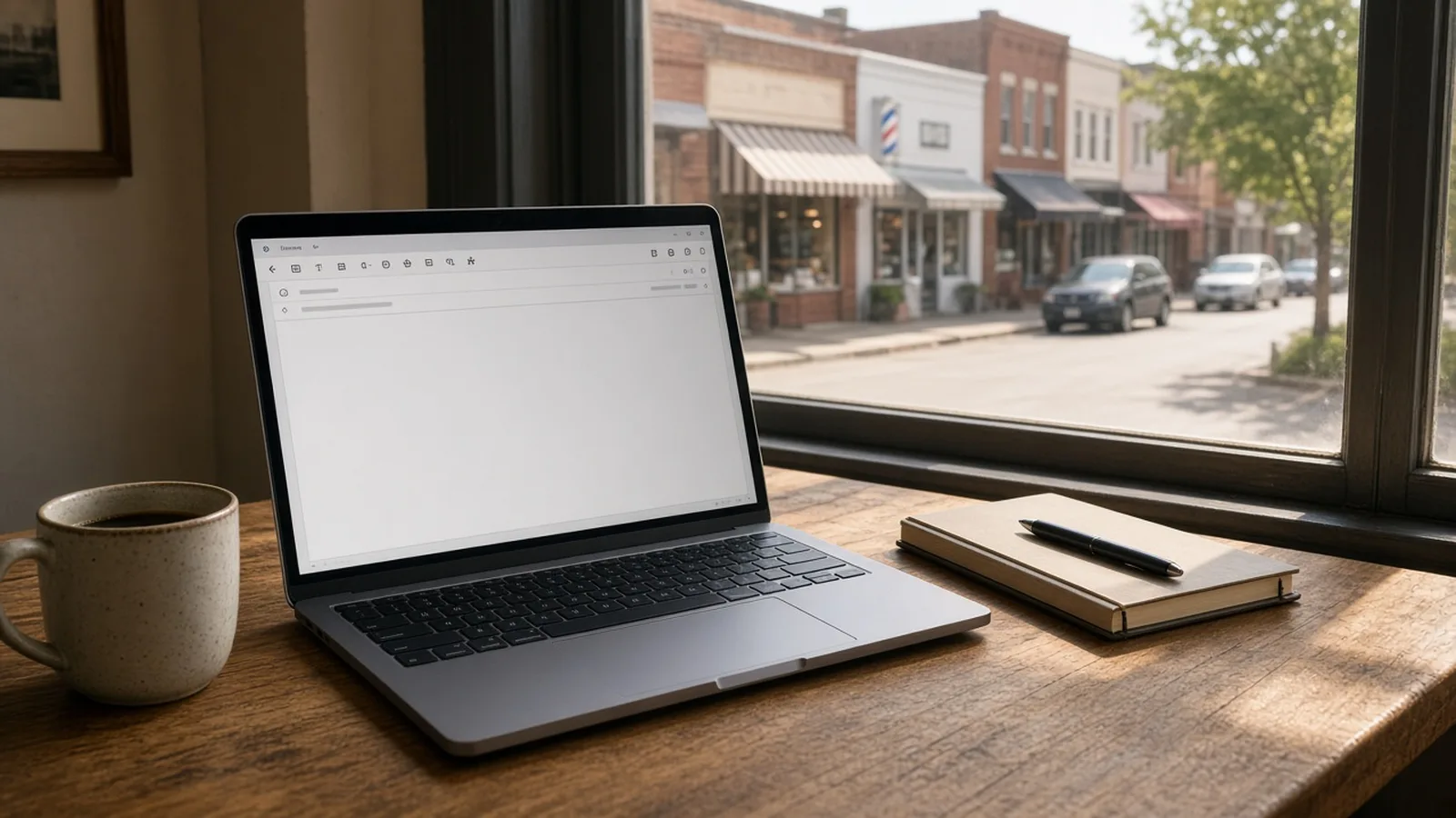 Laptop with an open email window on a wooden desk, looking out at local storefronts on a small-town main street