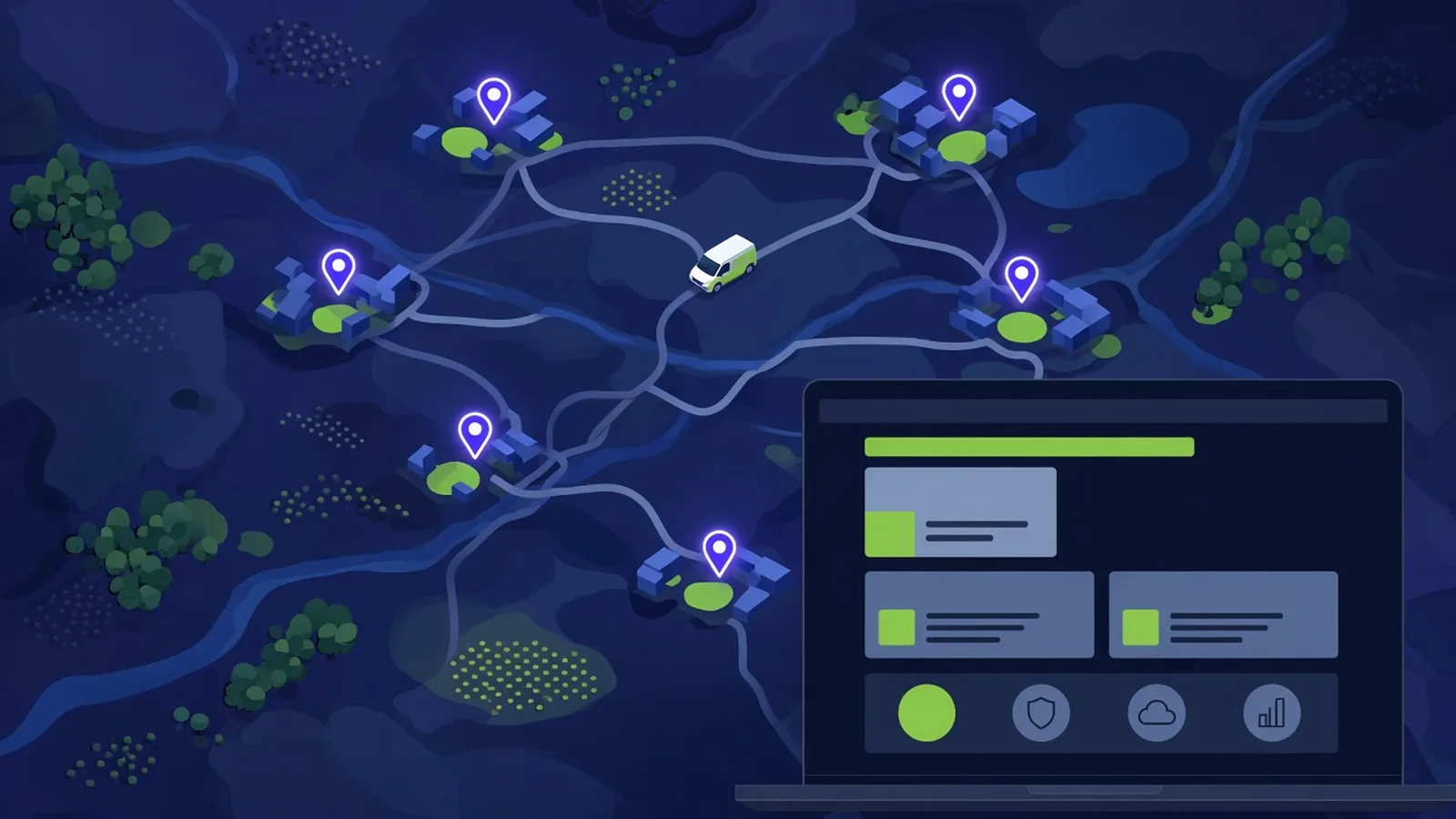 Illustration of a map with several connected towns marked by location pins, a service van on the road between them, and a laptop showing a website layout