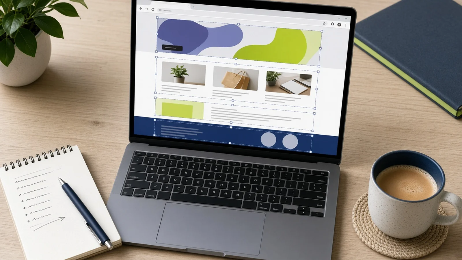 Laptop on a desk showing a small business website layout with sections outlined for editing, next to a notepad checklist and coffee