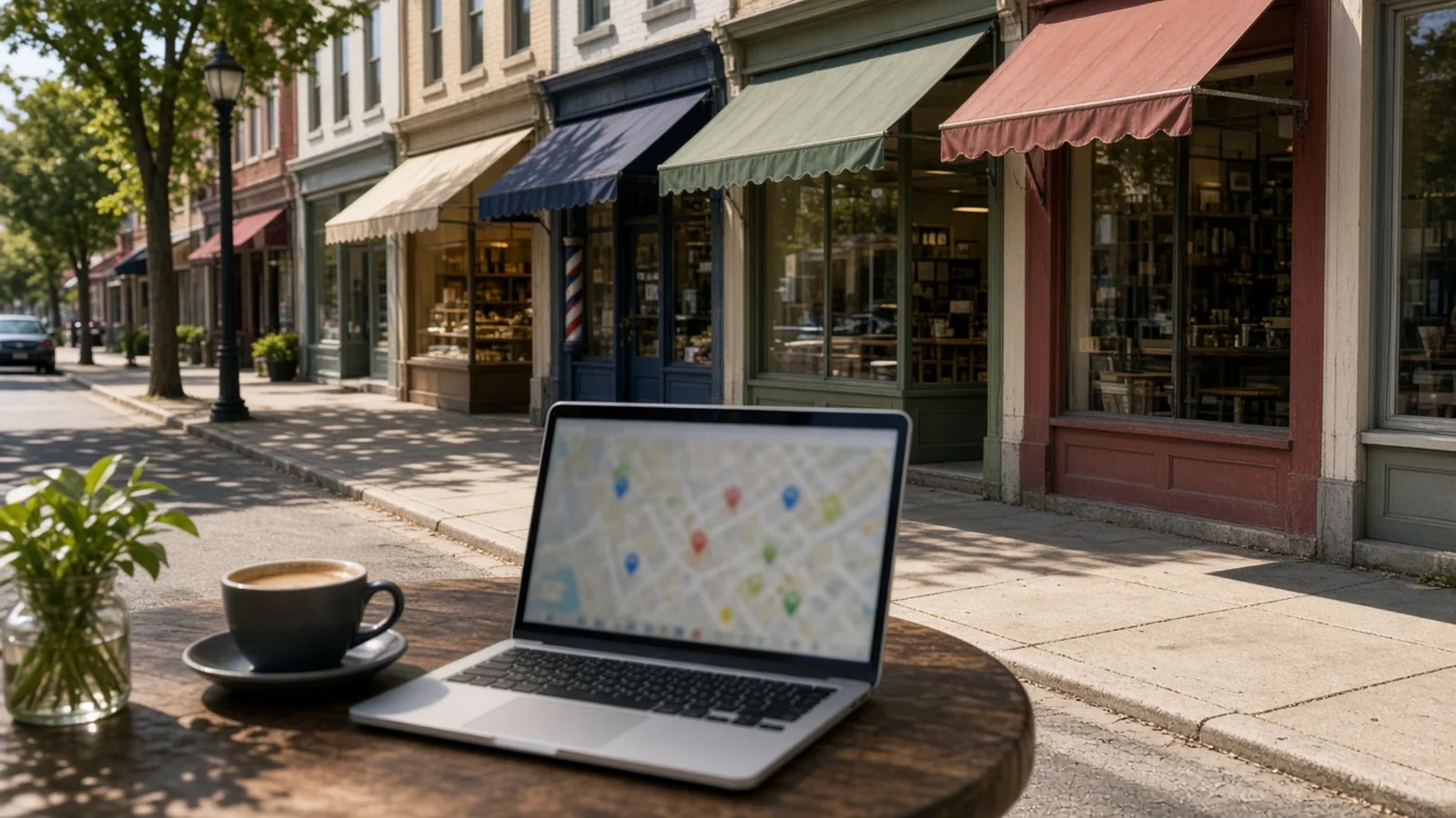 Laptop showing a map with location pins on a cafe table in front of a row of small local storefronts