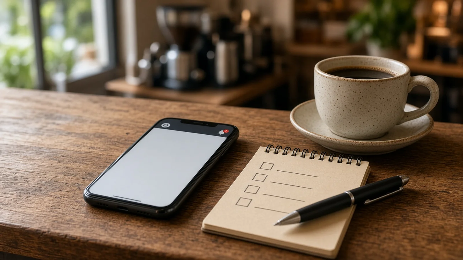 Smartphone with a notification next to a checklist notepad, pen, and coffee cup on a wooden cafe counter