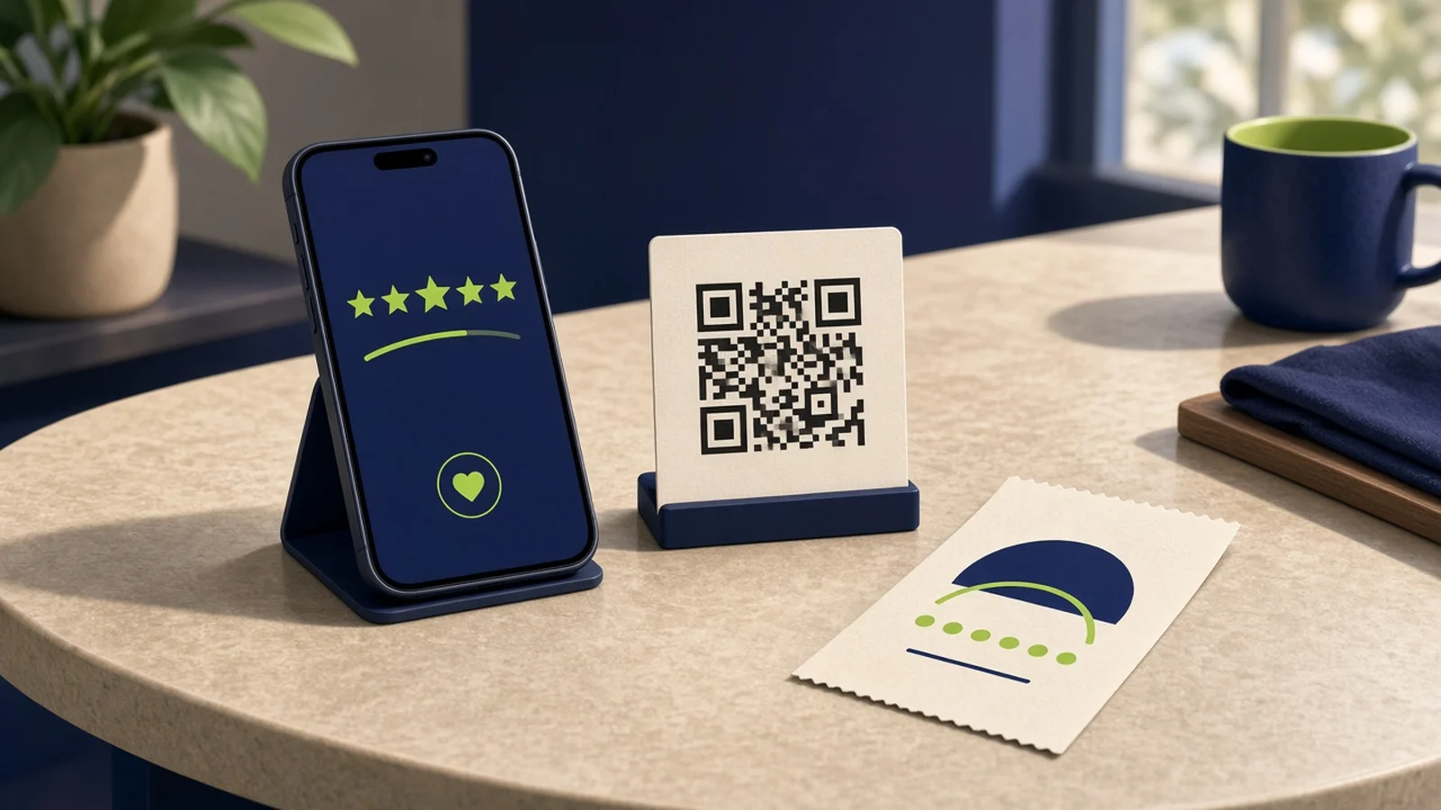 Smartphone showing a five-star review screen next to a QR code card and a receipt on a cafe counter