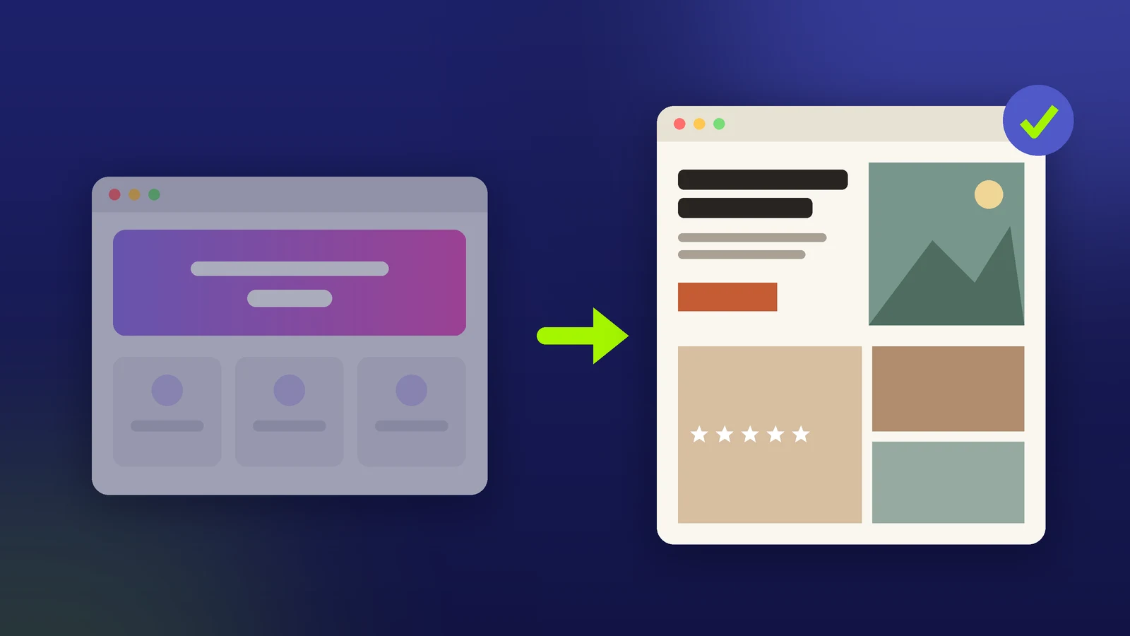 Illustration of a generic website with a purple gradient and three identical cards turning into a custom website with real photos and a warm color palette