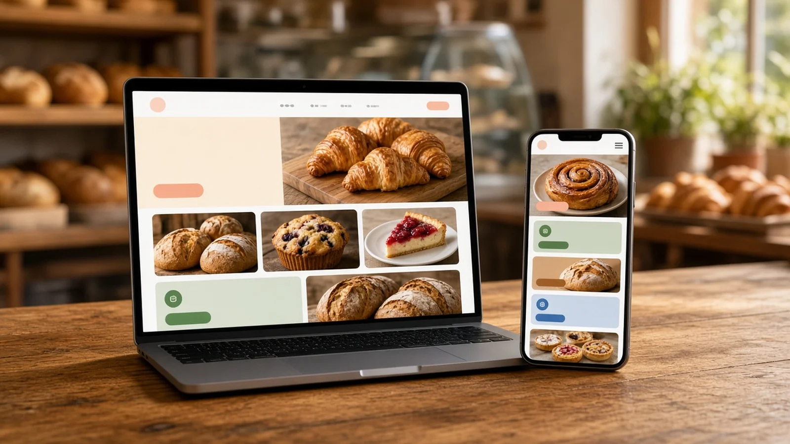 Laptop and smartphone showing a new bakery website mockup on a wooden counter inside a small bakery