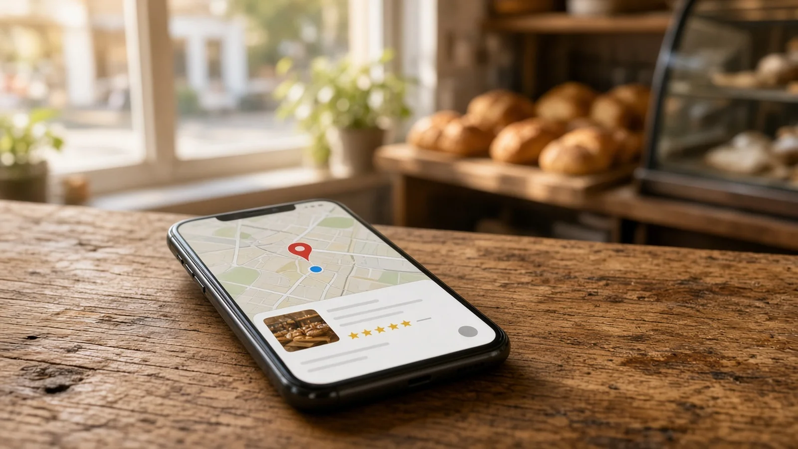 Smartphone on a wooden bakery counter showing a map listing with star ratings, with fresh bread in the background