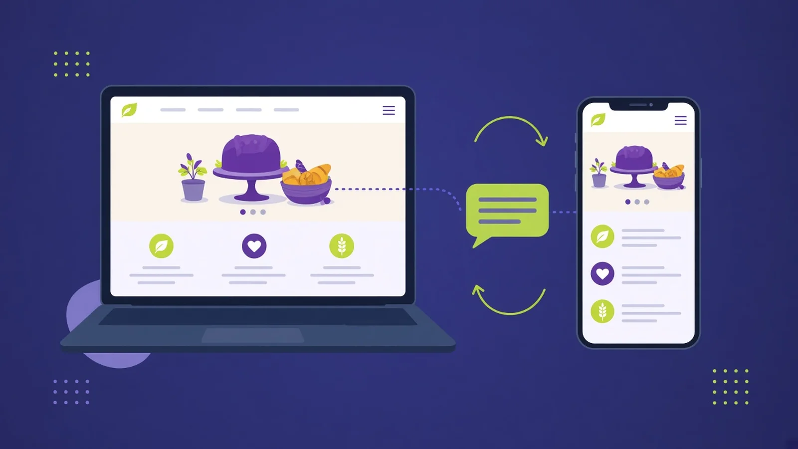 Illustration of a local business website on a laptop and the same site stacked in one column on a phone, connected by a prompt chat bubble