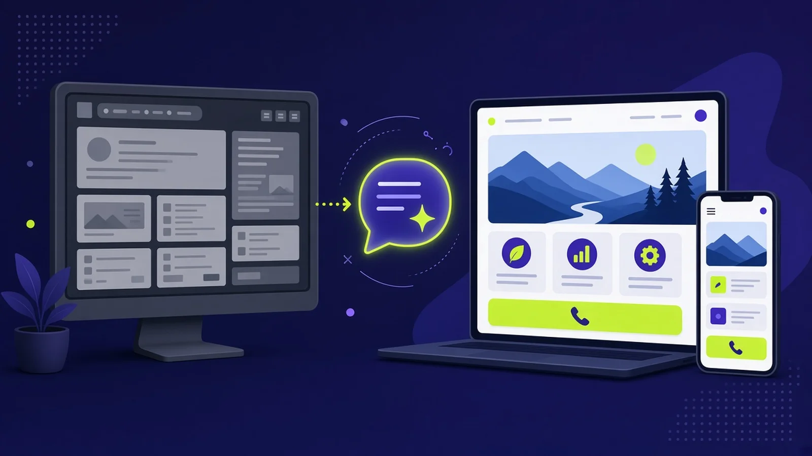 Illustration of an outdated local business website on a monitor turned into a clean modern redesign on a laptop and phone through an AI prompt bubble