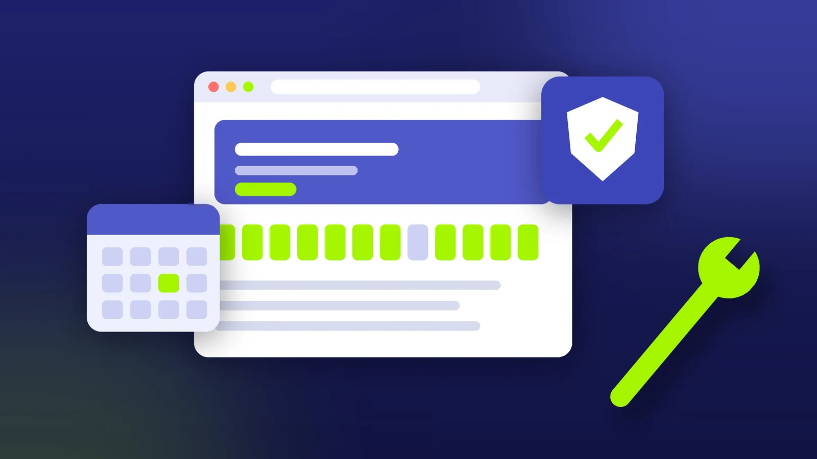 Illustration of a website window with monthly uptime bars, a security shield with a check mark, a calendar, and a wrench