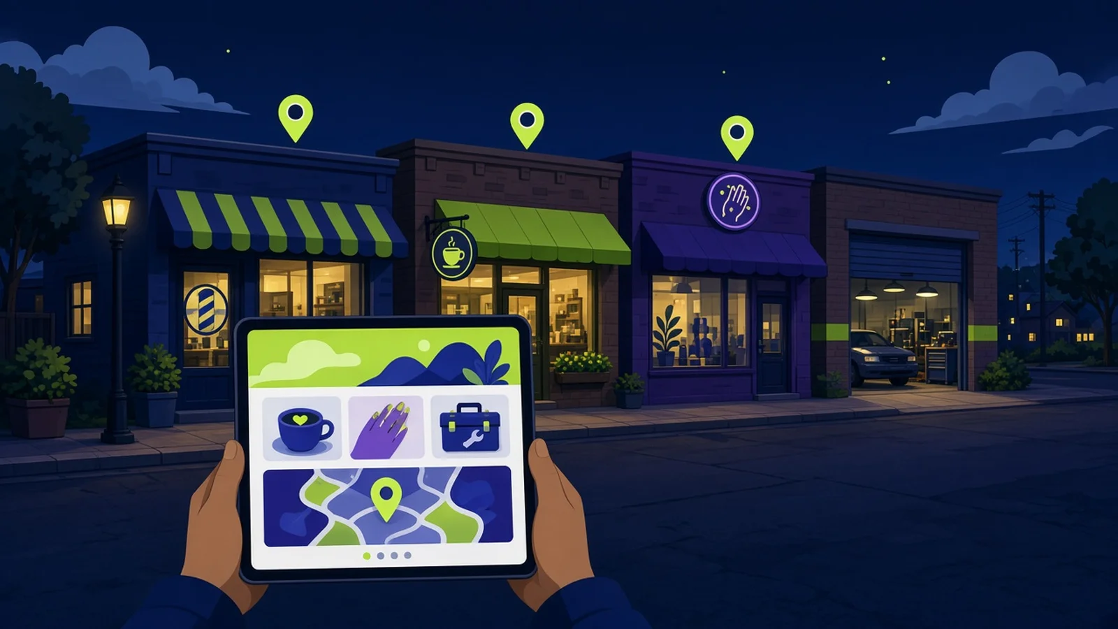 Illustration of a row of local shopfronts at dusk with hands holding a tablet showing a website mockup in the foreground