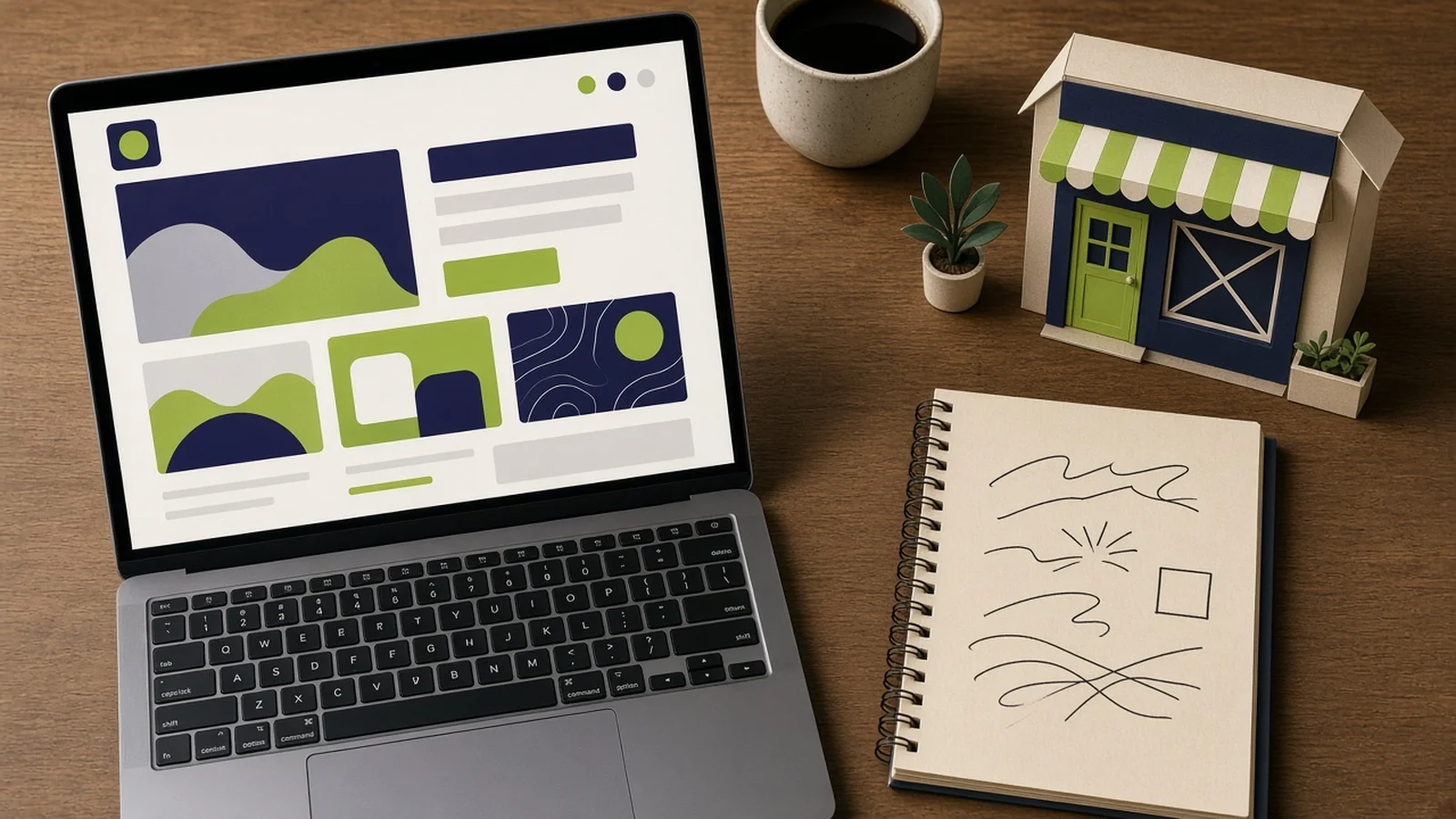 Laptop on a wooden desk showing a simple website layout in indigo and lime green, next to a coffee mug and notebook