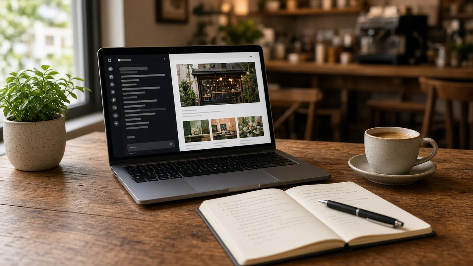 Laptop on a wooden cafe table showing an AI prompt panel next to a small business website preview, with a notebook and coffee