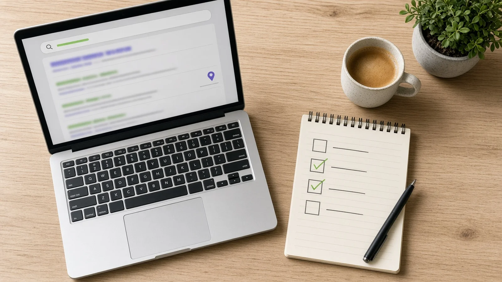 Laptop on a wooden desk showing a search results page with a map pin, next to a checklist notepad and coffee