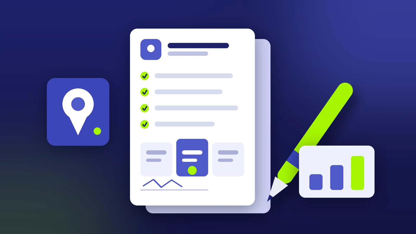 Illustration of a website proposal document with checklist items and three price options, a pen, and a map pin on an indigo background