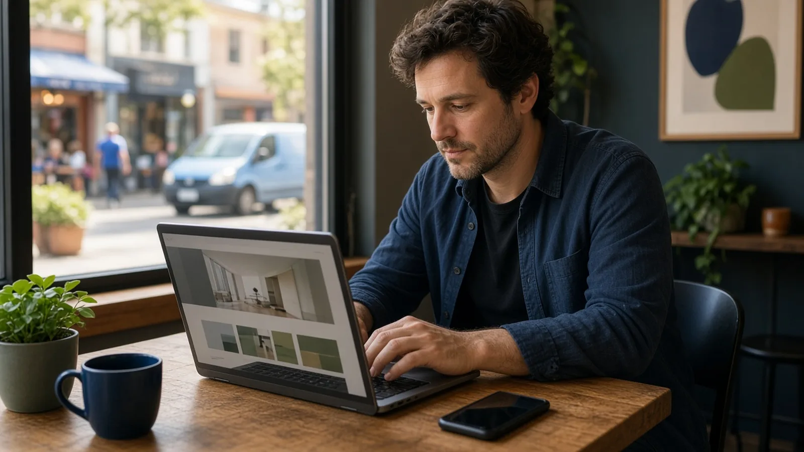Freelance web designer working on a laptop at a cafe table overlooking a street of local shops