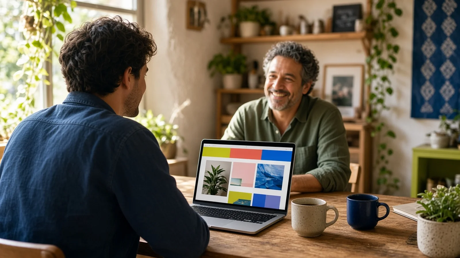 A freelance web designer showing a website on a laptop to a smiling small business owner at a wooden table in his shop
