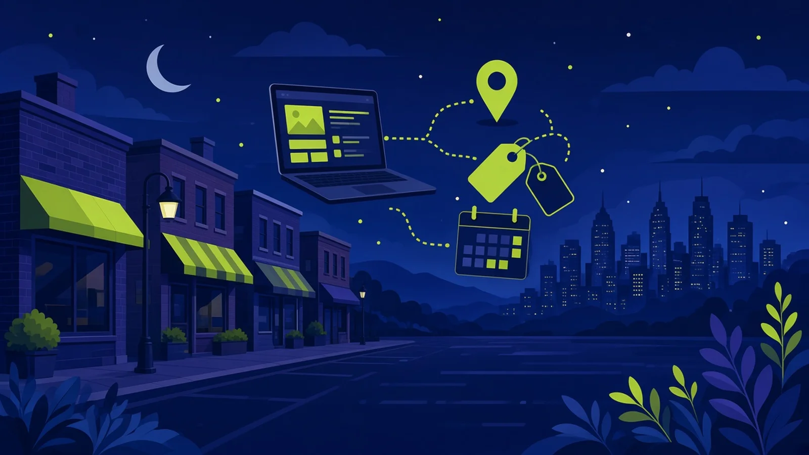 Illustration of a small-town main street and a city skyline at night with a laptop, map pin, price tags and a monthly calendar floating between them