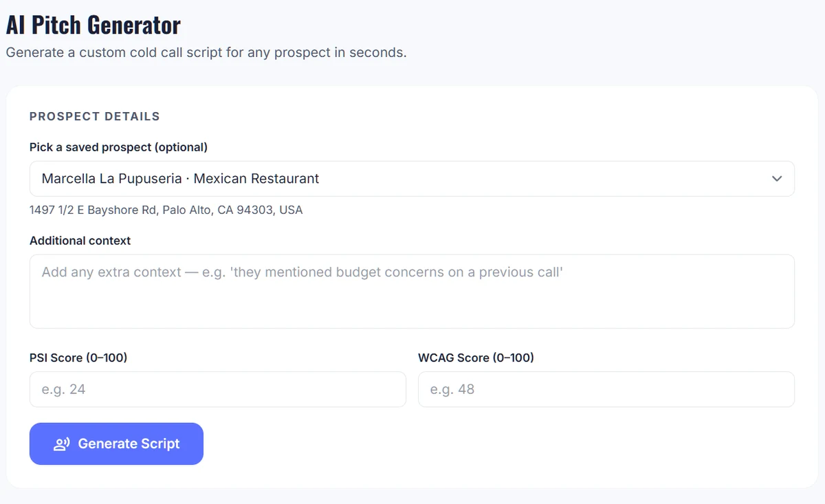 Locasly AI Pitch Generator form with a saved prospect, additional context box, PSI and WCAG score fields, and a Generate Script button