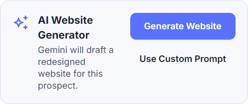 Locasly AI Website Generator card with Generate Website and Use Custom Prompt buttons in the prospect panel