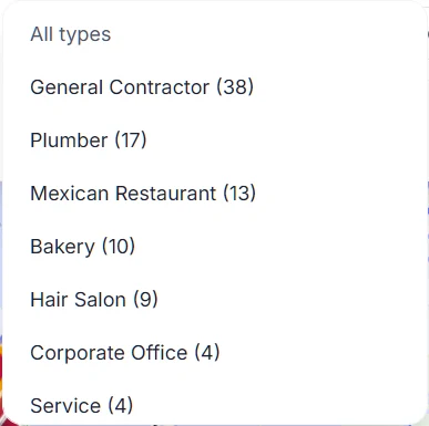 Locasly Business Type filter dropdown listing local business categories with a count of prospects for each