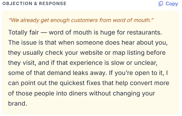 Objection and response card in a Locasly AI cold call script answering 'We already get enough customers from word of mouth'
