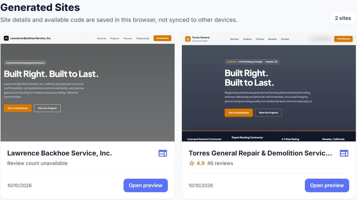 Locasly Generated Sites page showing two AI-generated website mockups for local contractors with Open preview buttons