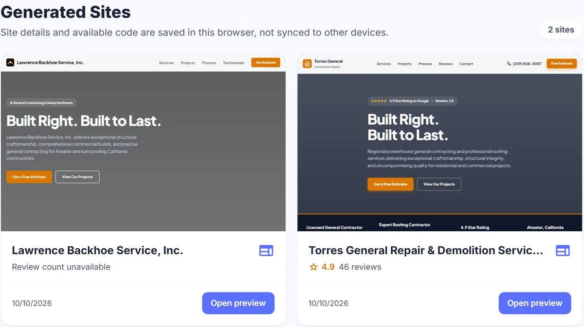 Generated Sites page in Locasly showing two AI website mockups with Open preview buttons
