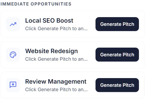 Immediate Opportunities section in Locasly showing Local SEO Boost, Website Redesign, and Review Management with Generate Pitch buttons