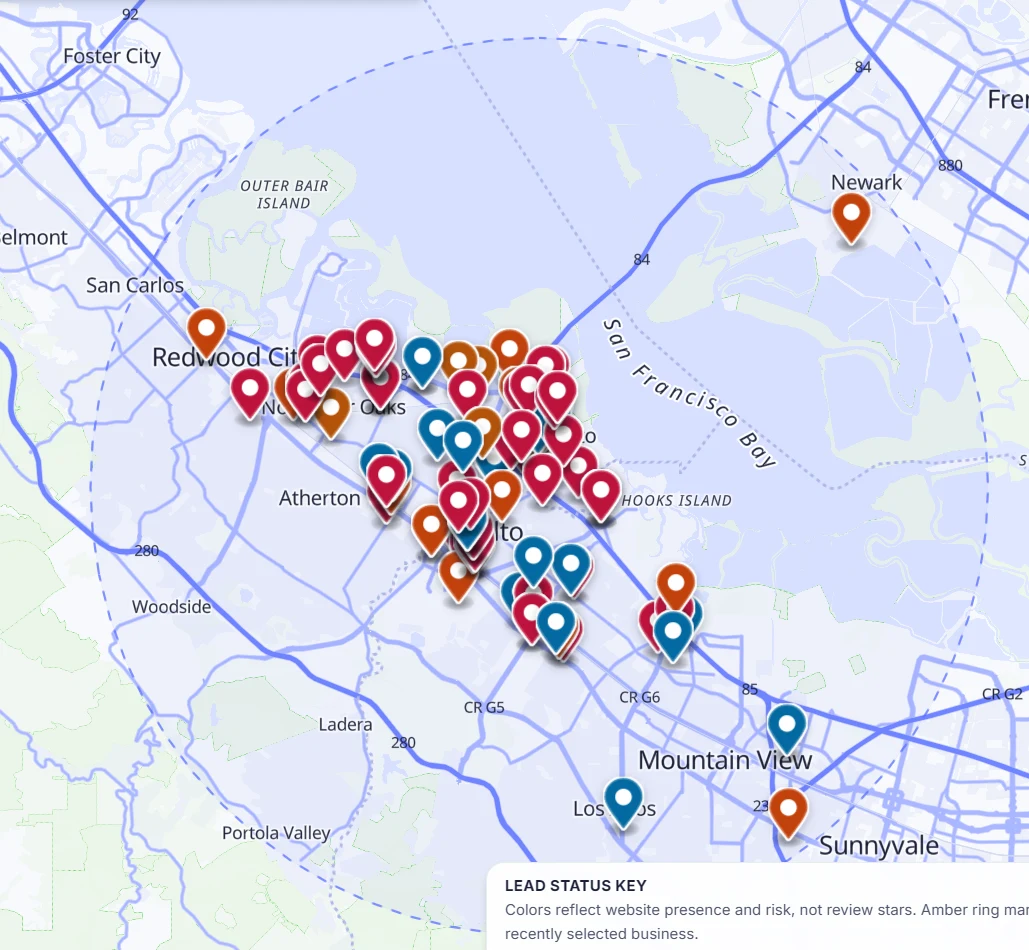 Locasly map view showing color-coded local business prospects within a search radius, used to plan a door-to-door route