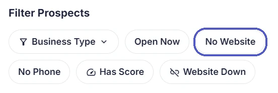 Locasly Filter Prospects menu with the No Website filter highlighted, next to Business Type, Open Now, No Phone, Has Score, and Website Down