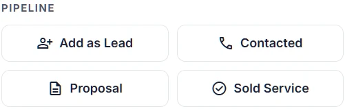 Pipeline buttons in Locasly: Add as Lead, Contacted, Proposal, and Sold Service