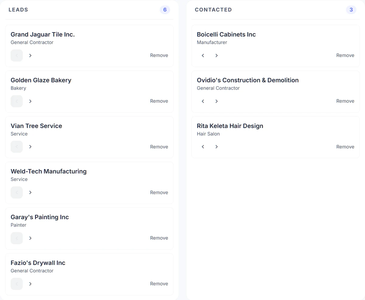 Locasly pipeline board showing Leads and Contacted columns with local business cards