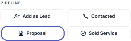 Pipeline buttons in a Locasly prospect panel with the Proposal button highlighted next to Add as Lead, Contacted, and Sold Service
