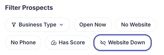 Filter Prospects menu in Locasly with the Website Down filter highlighted next to No Website and Has Score