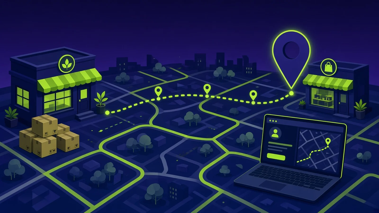 Illustration of a local storefront with moving boxes, a dotted route across a city map to a new storefront under a map pin, and a laptop showing a contact page with a map